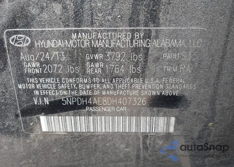 2013 Hyundai Elantra Gls z USA, uszkodzony, nr VIN 5NPDH4AE8DH407326